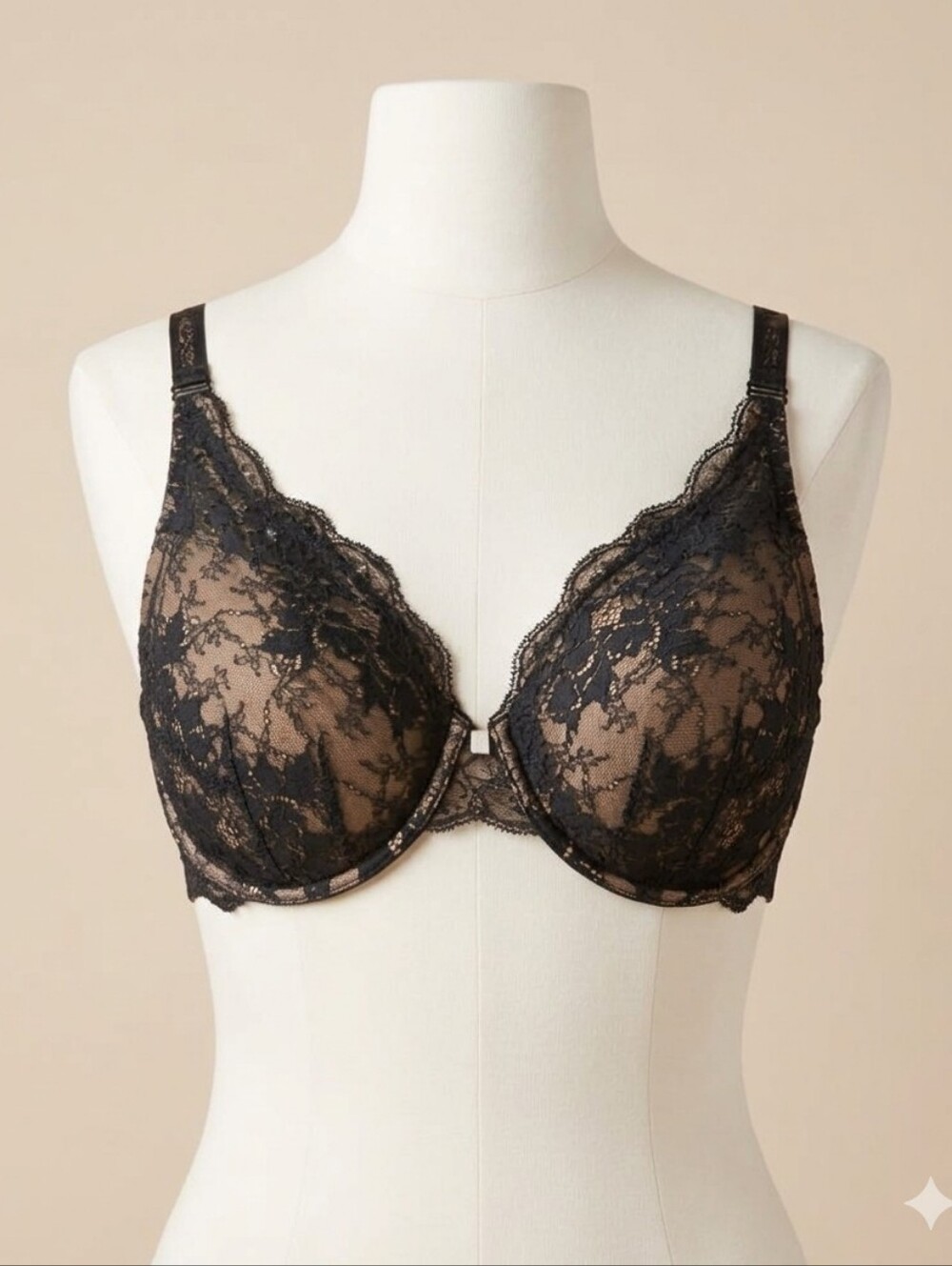 ThirdLove 42D Black Lace Overlay Tan Push Up Contour Bra NWOT
